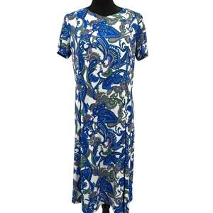 Vintage Shelton Stroller 60s White Dress Blue Paisley Print Flower Front Zip